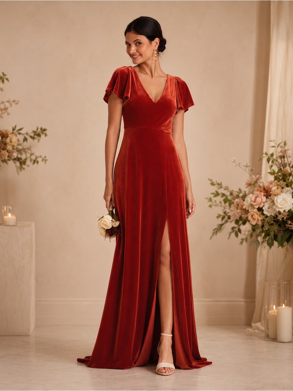Birdy Grey Hannah Burnt Orange Velvet Bridesmaid Maxi Dress L autumn fall flutte